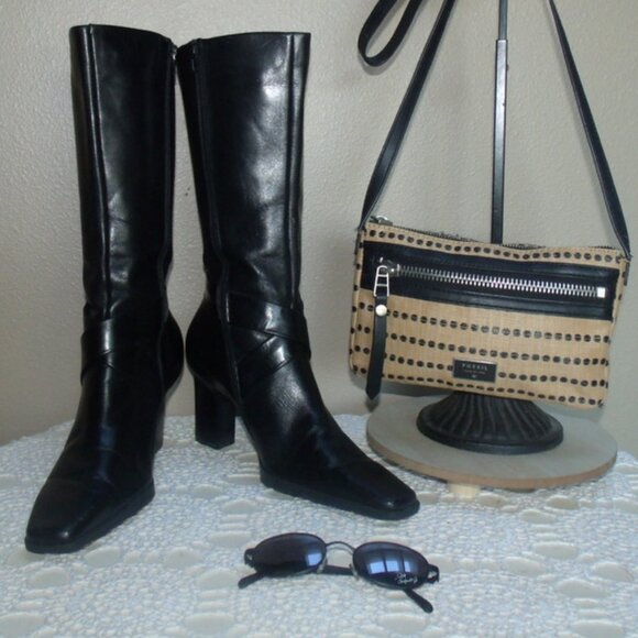 Franco Sarto Shoes - FRANCO SARTO Black Smooth Leather Zip Up Square Toe Heeled Boots 8.5 M